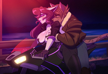 anthro big_breasts big_butt biped breast_grab breast_squish breast_tattoo breasts butt cleavage clothed clothing detailed_background duo eyes_closed eyeshadow female grope hair hand_on_breast jacket long_hair makeup male male/female mole_on_cheek night pink_eyeshadow riding_motorcycle risky squish tattoo topwear wide_hips ooo-belise-ooo marcus_rammoson pandora_(ooo-belise-ooo) domestic_cat felid feline felis leopard mammal pantherine 2025 hi_res