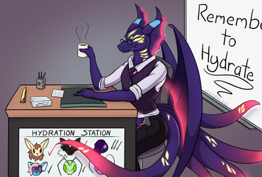accessory at_desk bat_wings beverage bottomwear clothed clothing coffee coffee_mug desk eyewear furniture glasses glowing hydration membrane_(anatomy) membranous_wings multi_eye multi_tail necktie open_bottomwear open_clothing open_pants pants rolled_up_sleeves smile smirk table tail tally_marks teacher topwear vest wings impishhyena mythology nintendo pokemon arthropod canid canine dragon eeveelution eldritch_humanoid fennec_fox fox generation_1_pokemon generation_2_pokemon goo_creature hybrid hyena insect mammal mythological_creature mythological_scalie pokemon_(species) scalie true_fox umbreon vaporeon digital_drawing_(artwork) digital_media_(artwork) hi_res