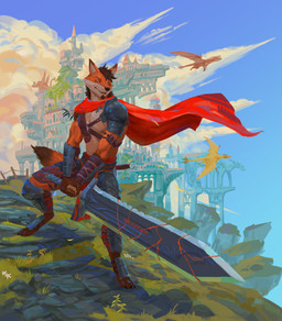 anthro armor cape clothing fighting_pose greatsword male melee_weapon pose solo sword unconvincing_armor weapon neungsonie nanabi_ashiro canid canine fox mammal absurd_res hi_res huge_filesize