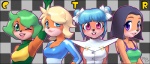 accessory activision ami_bandicoot anthro armwear bandicoot big_eyes black_hair black_nose blonde_hair blue_eyes bow_(feature) bow_accessory bow_ribbon breasts cleavage clothed clothing crash_bandicoot_(series) crash_team_racing_(series) crash_team_racing_nitro-fueled elbow_gloves eyebrows eyelashes eyeshadow female fully_clothed fur gloves green_eyes green_hair group hair hair_accessory hair_bow hair_buns hair_ribbon handwear isabella_bandicoot liz_bandicoot looking_at_viewer makeup mammal marsupial megumi_bandicoot midriff one_eye_closed open_mouth open_smile orange_body orange_fur outline pey pink_eyes purple_hair race_queen raised_arm ribbons short_hair smile tan_body tan_fur teeth wink