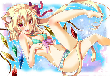 :d accessory bikini blonde_hair blush bow_(feature) bow_accessory bow_ribbon breasts cat_tail clothed clothing female hair hair_accessory hair_bow hair_ribbon long_hair looking_at_viewer open_mouth ponytail red_eyes ribbons side_ponytail skimpy slim small_breasts smile solo swimwear tail tight_clothing two-piece_swimsuit white_body white_skin wings okutani_toro touhou flandre_scarlet animal_humanoid cat_humanoid felid felid_humanoid feline feline_humanoid humanoid mammal mammal_humanoid vampire