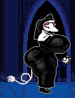 anthro armless big_breasts big_butt black_clothing breasts butt clothing coiled_tail eyes_closed eyeshadow fake_tail female female_anthro floating_hands from_side hair hands_together huge_breasts huge_butt huge_thighs machine makeup nun_outfit pink_hair pointy_ears pointy_nose screencap screencap_background small_waist solo tail thick_thighs white_clothing skullibazer deltarune undertale_(series) tasque_manager tasque_manager_(nun) darkner felid feline mammal robot_anthro 2026 digital_drawing_(artwork) digital_media_(artwork) hi_res pixel_(artwork)