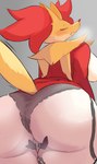 anthro big_breasts big_butt biped blush bodily_fluids breasts butt clothing eyes_closed female fingering fur genital_fluids genitals grey_background huge_butt humanoid_genitalia humanoid_pussy masturbation panties pussy rear_view red_body saliva simple_background solo sweat underwear vaginal vaginal_fingering vaginal_fluids yellow_body yellow_fur nojaaaaaaaarori nintendo pokemon delphox generation_6_pokemon pokemon_(species) absurd_res hi_res