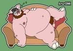 anthro balls belly big_belly clothing eyes_closed eyewear furniture genitals glasses hat headgear headwear lying male moobs navel nipples obese obese_male overweight overweight_male penis sleeping sofa solo artur_oink domestic_pig mammal suid suine sus_(pig) 2022 absurd_res hi_res