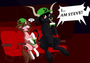 beverage big_horn bodily_fluids clothing crying duo facial_piercing feral food freckles hat headgear headwear hooves horn leg_markings male male/male markings movie_theater nose_piercing nose_ring piercing popcorn ring_piercing sitting size_difference socks_(marking) soda tears tears_of_joy watching_movie villegreen a_minecraft_movie hasbro microsoft minecraft mojang my_little_pony xbox_game_studios bovid bovine creeper_(minecraft) equid equine horse mammal pony hi_res