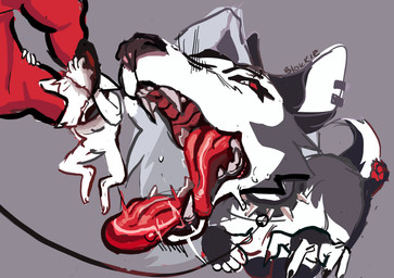 anthro bodily_fluids breasts claws collar duo feeding female female_pred fur hair kneeling leash male male/female micro mouth_shot nude open_mouth oral_vore pawpads predator/prey red_pawpads saliva simple_background size_difference spiked_collar spikes teeth tongue tongue_out training vore white_body white_fur blokkie hellaverse helluva_boss mythology loona_(helluva_boss) canid canid_demon canine demon hellhound mammal mythological_canine mythological_creature absurd_res hi_res