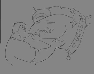 anthro clothed clothing collar collar_tag crescent_moon duo eyes_closed feral fully_clothed happy male moon nose_to_nose sharp_teeth side_view size_difference smile teeth markusd anthony_drescar_(markusd) enti_orasia_(entitropy) monster digital_drawing_(artwork) digital_media_(artwork) monochrome