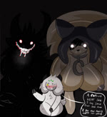 anthro areola big_breasts black_background black_body black_fur blush blush_lines bodily_fluids bottomless breasts breath cleavage clothed clothing collar creepy facial_markings female fur gesture glistening glistening_body glowing grey_areola group hand_gesture hand_on_cheek head_markings heart_symbol holidays hoodie hoodie_only horn male male/female markings metal_collar nervous obscured_eyes shadow_face shadowed_eyes simple_background sitting smile sweat sweatdrop text topwear topwear_only trio waving white_body white_fur yellow_eyes miyang_draws! halloween the_backrooms death_(whitev) miyang backrooms_creature bovid canid canine caprine goat humanoid mammal monster shadow_creature smiler_(the_backrooms) animated high_framerate loop no_sound short_playtime webm