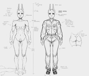 air_force animal_genitalia animal_vulva anthro athletic athletic_female barely_visible_genitalia barely_visible_vulva boots bottomwear breasts broad_shoulders canine_genitalia canine_vulva chart clothing denim denim_bottomwear denim_clothing eyeliner female footwear front_view genitals jeans lore makeup medium_breasts military_clothing muscular muscular_anthro muscular_female neutral_expression nipple_piercing nipples nude pants patch_(fabric) piercing pubes shoes simple_background solo vulva white_background wide_hips worldbuilding syn-6 jessica_(syn-6) canid canine canis dobermann domestic_dog mammal pinscher hi_res monochrome sketch