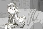 blush camera clothed clothing duo female feral furniture half-closed_eyes inside living_room narrowed_eyes sitting sofa carrot_(artist) himiko anatid anseriform anserinae avian bird human mammal swan 3:2 digital_media_(artwork) greyscale monochrome