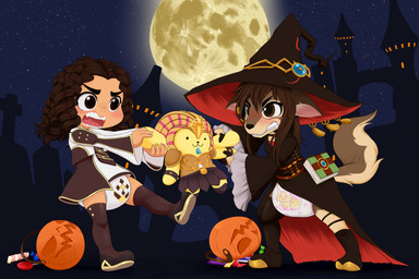 accessory angry ankh anthro blush boots brown_body brown_clothing brown_fur brown_hair brown_necktie candy cat_print_diaper clothed clothing curly_hair dessert diaper duo female food footwear fur gold_accessory green_book hair hat headgear headwear jack-o'-lantern legwear multicolored_body multicolored_fur necktie neonate pink_diaper print_diaper printed_diaper pumpkin_basket red_clothing shoes tan_body tan_fur tan_fur_tuft tan_skin thigh_boots thigh_highs tugging wearing_diaper white_clothing witch_costume witch_hat young mentalcrash yu-gi-oh! pompompurin_(character) wob_(character) canid canine canis coyote human mammal hi_res