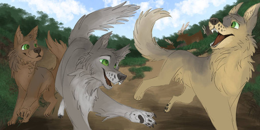 ambiguous_gender brown_body brown_fur claws dirt feral fluffy fluffy_tail forest forest_background fur gradient_fur grass green_eyes grey_body grey_fur group happy multicolored_body multicolored_fur nature nature_background paws plant playing quadruped running tail tan_body tan_fur tree trio drawesomejulia wolves_of_the_beyond dearlea_macnamara faolan_macduncan mhairie_macnamara ambient_deer canid canine canis mammal wolf 2021 digital_drawing_(artwork) digital_media_(artwork) procreate_(artwork) brother_(lore) brother_and_sister_(lore) sibling_(lore) sister_(lore)