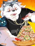 anthro black_nose clothing duo eating food grey_body humanoid_hands kemono male overweight overweight_male pizza shirt tongue tongue_out topwear white_body nikiciy valkia_(nikiciy) canid canine canis mammal vampire wolf 2022 3:4 hi_res