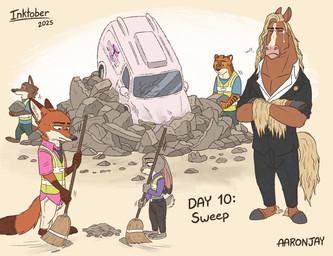 3_toes 4_fingers anthro barefoot black_nose blonde_hair bodily_fluids bottomwear broom brown_body brown_fur cleaning_tool clothed clothed_anthro clothed_female clothed_male clothing count crying day_count feet female female_anthro fingers fur grey_body grey_fur group hair hindpaw hooved_fingers hooves humanoid_hands larger_anthro larger_male male male_anthro medium_truck multicolored_body multicolored_fur orange_body orange_fur pants paws pink_nose plantigrade red_body red_fur rubble shirt size_difference smaller_anthro smaller_female striped_body striped_fur stripes suit tail tears text toes topwear truck two_tone_body two_tone_fur van vehicle vest white_body white_fur wreckage aar0njay disney inktober inktober_2025 zootopia brian_winddancer judy_hopps nick_wilde canid canine canis equid equine european_rabbit felid fox horse lagomorph leporid mammal oryctolagus pantherine rabbit red_fox tiger true_fox wolf 2025 english_text