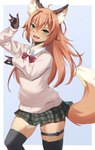 ahoge anthro blush bottomwear clothed clothing crossdressing femboy fox_shadow_puppet fur gesture gloves_(marking) green_eyes hair inner_ear_fluff kemono legwear long_hair looking_at_viewer male male_anthro markings multicolored_body multicolored_fur school_uniform skirt solo sweater tail thigh_highs topwear tuft uniform an_chobi94 remu-kun canid canine fox mammal 2022 digital_media_(artwork) hi_res