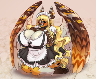 anthro big_breasts blonde_hair blush bow_ribbon breasts clothing colored_nails feather_tuft feathered_wings feathers feet female hair hand_on_chest huge_breasts huge_hips huge_thighs kneeling long_hair maid_headdress maid_uniform multicolored_body nails non-mammal_breasts overweight overweight_female red_eyes red_nails shy solo talons thick_thighs toes tuft uniform wide_hips wings tiggybloom mimi_(breakstep) avian bird eared_owl long-eared_owl owl true_owl 2025 hi_res