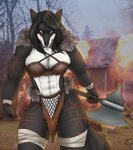 abs anthro arm_markings athletic athletic_anthro athletic_female axe barbarian big_breasts biped black_body black_fur black_hair black_nose blue_eyes bodypaint bottomwear bra breasts building burning burning_building claws cleavage clothed clothing countershade_face countershade_torso countershading facial_markings female fire fur fur_trim_(clothing) green_eyes hair hand_markings head_markings heterochromia holding_axe holding_object holding_weapon leg_markings leg_wraps loincloth long_hair looking_at_viewer markings melee_weapon multicolored_body multicolored_fur muscular muscular_anthro muscular_female navel outside solo thigh_markings two_tone_body two_tone_fur underwear war_paint warrior weapon white_body white_fur wraps wrist_wraps biohazardcreature cerine_(vulpinehero) canid canine fox mammal 2017 digital_media_(artwork) hi_res