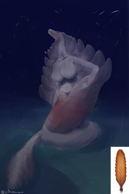 anthro apode belly big_breasts breasts clothed clothing collarbone featureless_breasts female huge_breasts legless long_neck midriff pupils serpentine simple_background slit_pupils solo topless underwater water wide_hips y3i charnia charniidae draconcopode naga petalonamae prehistoric_species 2:3 absurd_res hi_res