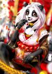 5_fingers anthro blurred_background breasts cherry clothed clothing detailed_background eyelashes female fingers food fruit hair plant red_eyes smile solo white_hair shalinka bear giant_panda mammal 2018 digital_media_(artwork)