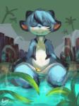 anthro bath blue_body blue_fur eyes_closed fence fur kemono rubber_duck sitting smile steam rady-wolf mythology rufen domestic_cat dragon felid feline felis mammal mythological_creature mythological_scalie scalie 3:4 hi_res