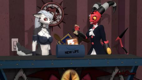 confusion duo female male male/female lordzbacon hellaverse helluva_boss mythology loona_(helluva_boss) canid canid_demon canine demon hellhound imp mammal mythological_canine mythological_creature