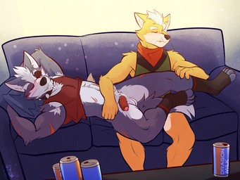 anthro arm_tuft armpit_tuft athletic athletic_male balls beverage_can black_nose bottomless chest_tuft claws clothed clothing cuddling cute_fangs duo elbow_tuft eye_patch eyebrows eyewear fangs flaccid footwear fur furgonomics furniture genitals green_sleeveless_shirt grey_body grey_fur hair head_tuft inner_ear_fluff kerchief logo lying male male/male male_anthro mostly_nude_male muscular muscular_male navel on_back on_top_of on_top_of_another pantsless_male penis pillow red_kerchief red_sleeveless_shirt shirt shirt_only short_hair sitting sleeping sleeveless_shirt socks sofa tan_body tan_fur teeth text topwear topwear_only tuft whisker_spots whiskers white_body white_eyebrows white_fur white_hair white_inner_ear_fluff yellow_body yellow_fur ventkazemaru nintendo star_fox fox_mccloud wolf_o'donnell canid canine canis fox mammal wolf 2025 4:3 artist_logo artist_name dated hi_res