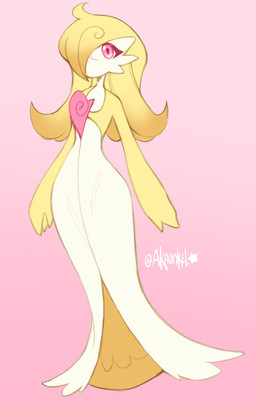 alternate_color blonde_hair clothing dress female hair horn long_dress long_hair pink_background pink_eyes pink_horn simple_background solo yellow_body akaunkel nintendo pokemon welly_(nickzilla) gardevoir generation_3_pokemon humanoid pokemon_(species) hi_res