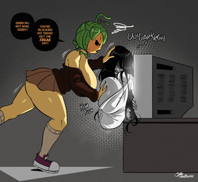 angry big_breasts black_hair bodily_fluids breast_grab breasts cathode_ray_tube cleavage clothed clothing electronics female food for_a_head fruit fully_clothed hair hair_over_eyes hand_on_breast holidays huge_breasts inside nipple_outline plant pumpkin pumpkin_head pushing pushing_head saliva simple_background speech_bubble television text thick_thighs joaoppereiraus halloween the_ring pumpky_(joaoppereiraus) sadako_yamamura elemental_creature elemental_humanoid flora_fauna human humanoid mammal object_head plant_humanoid 2025 english_text hi_res