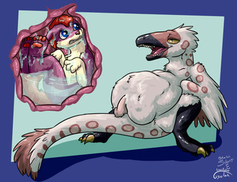 anal anthro anthro_pred anthro_prey biped blue_eyes bodily_fluids claws duo genitals leg_markings male male/male male_pred male_prey markings organs paws penis purple_body red_markings same_size_vore socks_(marking) stomach stomach_acid tongue tongue_out vore white_body winter_coat gyrotech silent_e blitzstoat_(gyro) dinosaur dromaeosaurid mammal mustelid musteline prehistoric_species reptile saurischian scalie stoat theropod true_musteline weasel