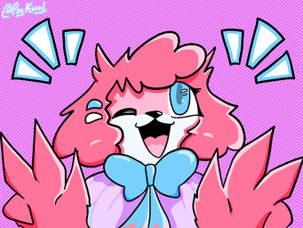 accessory anthro blue_eyes bow_tie capelet clothing female fur gesture hair hair_accessory hand_gesture happy one_eye_closed open_mouth pink_body pink_fur pink_hair smile solo v_sign white_body white_fur wink psykwol phoebe_(psykwol) mammal mustelid otter 4:3 headshot_portrait portrait trans_(lore) trans_woman_(lore)