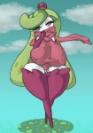 big_breasts breasts eyelashes female green_hair hair huge_breasts nipple_outline pink_eyes plant scarf solo thick_thighs thigh_gap wide_hips snugundies nintendo pokemon elemental_creature flora_fauna generation_7_pokemon humanoid pokemon_(species) tsareena 2016