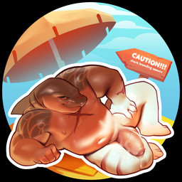 anthro beach bodily_fluids genital_fluids genitals looking_at_viewer male musclegut muscular navel nipples nude penis scar solo tattoo umbrella rex_unit09 fish marine shark 1:1 hi_res