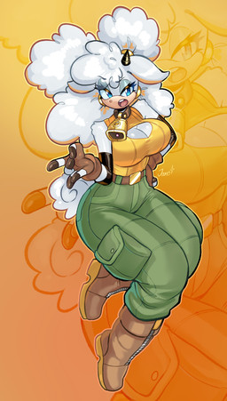5_fingers anthro big_breasts blue_eyes boots bottomwear breasts brown_boots brown_clothing brown_fingerless_gloves brown_footwear brown_gloves brown_handwear cleavage cleavage_cutout clothed clothed_anthro clothed_female clothing cowbell cutout eyebrows eyelashes female female_anthro fingerless_gloves fingers footwear fully_clothed fully_clothed_anthro fully_clothed_female fur gloves green_bottomwear green_clothing green_pants hair handwear horn looking_at_viewer open_mouth pants shoes solo thick_thighs topwear white_hair wide_hips wool_(fur) yellow_clothing yellow_topwear zoom_layer jamoart idw_publishing sega sonic_the_hedgehog_(comics) sonic_the_hedgehog_(idw) sonic_the_hedgehog_(series) lanolin_the_sheep_(sonic) bovid caprine mammal sheep 2025 absurd_res hi_res signature