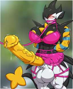 animal_genitalia animal_penis anthro areola ball_gag balls big_balls big_breasts big_penis black_breasts blurred_background blush bodily_fluids bottomwear bra breasts clothing collar dripping equine_genitalia equine_penis erection gag genital_fluids genitals gynomorph gynomorph_anthro hands_behind_back huge_penis hyper intersex intersex_anthro leash leashed_collar lingerie medial_ring microskirt miniskirt muscular muscular_anthro muscular_gynomorph muscular_intersex penis pink_bottomwear pink_bra pink_clothing pink_lingerie pink_skirt pink_underwear precum precum_drip red_eyes skirt solo tail thick_thighs underwear vein white_balls yellow_areola yellow_penis tridark nintendo pokemon hitomi_(someguy987) gardevoir generation_3_pokemon generation_4_pokemon hybrid luxray pokemon_(species) 2025 digital_media_(artwork) hi_res