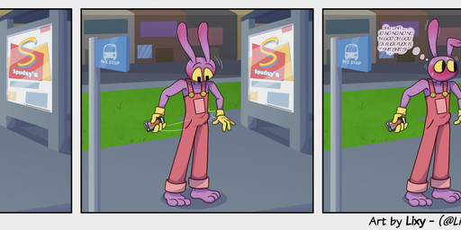 3_panel_comic advertisement anthro barefoot big_pupils blush blush_lines bodily_fluids bus bus_stop cellphone clothed clothing commercial_vehicle driving electronics embarrassed erection erection_under_clothing feet gloves grass handwear humiliation male mouthless nervous onomatopoeia outside overalls phone plant profanity public pupils road small_pupils smartphone solo sound_effects sweat tenting text thought_bubble unwanted_erection vehicle wide_eyed yellow_clothing yellow_gloves yellow_handwear yellow_sclera lixy_art glitch_productions spudsy's the_amazing_digital_circus jax_(tadc) thomas_(xploshi) lagomorph leporid mammal rabbit absurd_res comic english_text hi_res