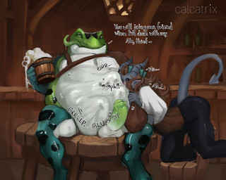 abdominal_bulge alcohol anthro anthro_pred balls bar beer belly beverage big_belly blue_body blue_skin bodily_fluids bodily_noises bottomwear breasts brown_hair bulge burping clothed clothing container cup dialogue different_sound_effects digestion digestion_noises drinking duo erection extended_sound_effect face_imprint female female_prey forced fully_inside furniture genitals green_body green_eyes green_penis green_skin hair holding_object horn humanoid_genitalia humanoid_penis imminent_death imminent_vore imprint inside legwear long_tongue male male/female male_pred muffled mug onomatopoeia oral_vore pants penis rumbling_stomach same_size_vore sitting size_difference slosh sloshing_belly sound_effect_variant sound_effects spade_tail stool struggling swallowing table tail talking_to_another tavern text threatening threatening_vore tongue tongue_out under_table vore vowelless vowelless_sound_effect vowelless_vocalization calcatrix udo_(quillbunn) amphibian demon frog human humanoid mammal 5:4 absurd_res digital_media_(artwork) digital_painting_(artwork) english_text hi_res painting_(artwork)