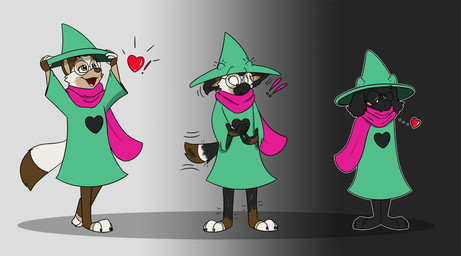 ambiguous_gender anthro biped black_background black_body black_fur blush brown_body brown_fur brown_markings clothed clothing dipstick_tail eyewear fully_clothed fur gender_transformation glasses gradient_background heart_symbol looking_up markings motion_lines multicolored_body multicolored_tail open_mouth plantigrade putting_on_clothes scarf shirt simple_background smile solo species_transformation standing tail tail_markings tan_markings topwear transformation transformation_sequence tunic white_background white_body white_eyes white_fur white_markings witch_costume fox0808 deltarune undertale_(series) kauko_(andrewneo) ralsei bovid canid canine canis caprine goat mammal wolf 2018 colored hi_res female_(lore) male_(lore)