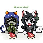 1:1 2024 >_< ^_^ alien animal_humanoid cat_humanoid cendrillust clothing demon duo eating eyes_closed felid felid_humanoid feline feline_humanoid female food glasses_on_face hat headgear headwear homestuck human humanoid jade_harley mammal mammal_humanoid meat ms_paint_adventures nepeta_leijon smile troll_(homestuck)