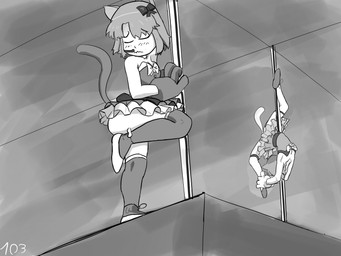 blush bottomwear clothed clothing duo electronics female legwear microphone pole skirt stockings strip_club stripper stripper_pole tail tail_under_skirt unknown_artist the_battle_cats moneko_(the_battle_cats) neneko_(the_battle_cats) animal_humanoid cat_humanoid felid felid_humanoid feline feline_humanoid humanoid mammal mammal_humanoid hi_res monochrome