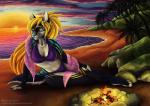 anthro beach bikini blonde_hair blue_nose campfire clothed clothing cloud detailed_background fangs female fire hair outside palm_tree plant sand sea seaside shawl sky smile solo sunset swimwear teeth tree two-piece_swimsuit water yellow_eyes sevenarms canid canine mammal 2018 digital_media_(artwork) digital_painting_(artwork)