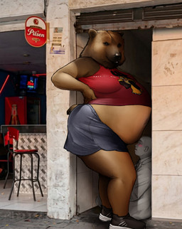 anthro band_shirt belly big_belly blue_eyes bottomwear brown_body brown_fur clothing denim denim_bottomwear denim_clothing denim_shorts duo faceless_character faceless_male female female_anthro footwear fur huge_belly jeans male pants pregnant pregnant_anthro pregnant_female red_clothing red_shirt red_topwear shirt shoes shorts sneakers tank_top text topwear band1tnsfw a_chance_encounter fall_out_boy bear brown_bear mammal ursine absurd_res digital_drawing_(artwork) digital_media_(artwork) english_text hi_res meme portrait