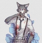 anthro blood bodily_fluids cheek_tuft clothed clothing facial_tuft flower fully_clothed fur grey_body grey_fur male necktie plant shirt solo topwear tuft smallyu beastars legoshi_(beastars) canid canine canis mammal wolf 2019 half-length_portrait portrait