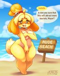 anthro beach biped breasts casual_nudity cloud covering covering_self dialogue eyebrows eyelashes female fingers fur hair looking_at_viewer nude nude_anthro nude_beach nude_female open_mouth outside sign solo tail text jo-vee-al animal_crossing nintendo isabelle_(animal_crossing) canid canine canis domestic_dog mammal shih_tzu toy_dog 2025 digital_media_(artwork) english_text hi_res