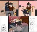 anthro ball_lick balls big_balls blue_eyes blush bodily_fluids breath bulge chair dialogue duo eyewear female furniture genitals glasses hand_on_head licking male male/female oral sex sweat sweaty_balls sweaty_genitalia text tongue momokona felid leopard mammal pantherine comic english_text hi_res