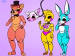 anthro beak black_sclera blue_body brown_body clothing eyelashes female fingers group looking_at_genitalia looking_down machine open_mouth orange_body pink_inner_ear red_cheeks ribbons semi-anthro tan_inner_ear teeth underwear white_inner_ear retr0foxx five_nights_at_freddy's five_nights_at_freddy's_2 scottgames mangle_(fnaf) toy_bonnie_(fnaf) toy_chica_(fnaf) toy_freddy_(fnaf) animatronic avian bear bird canid canine chicken fox galliform gallus_(genus) lagomorph leporid mammal phasianid rabbit robot 4:3 hi_res