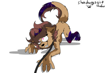 anthro brown_body brown_fur collar cosmic_fur crawling female fur galaxy hair heart_eyes heart_symbol leash leash_pull leashed_collar looking_at_viewer multicolored_body multicolored_fur multicolored_hair simple_background solo teeth text two_tone_body two_tone_fur two_tone_hair wearing_collar white_background galaxystardubs canid canine canis domestic_dog mammal hi_res