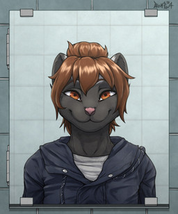anthro bathroom black_body black_fur brown_eyes brown_hair clothing female fur hair jacket looking_at_viewer mirror smile solo topwear blokfort mammal mephitid skunk hi_res