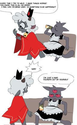 3_eyes anthro beverage black_body black_fur clothing dialogue digit_ring duo eye_contact fur head_tuft holding_beverage holding_object horn jewelry looking_at_another maid_uniform multi_eye reclining red_eyes ring speech_bubble tail talking_to_another text tuft uniform wedding_ring white_body white_fur white_wool wool_(fur) xamsdy cult_of_the_lamb massive_monster_(studio) lamb_(cult_of_the_lamb) narinder red_crown_(cult_of_the_lamb) bovid caprine domestic_cat felid feline felis mammal sheep english_text hi_res
