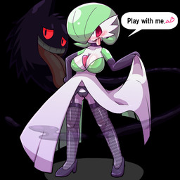 1:1 <3 big_breasts black_background blush breasts camel_toe chest_spike choker cleavage clothed clothing clothing_lift controlled corruption dress duo female fishnet floating fog footwear gardevoir garter_belt garter_straps gengar ghost gloves green_hair hair handwear hukitsuneko humanoid jewelry legwear lingerie long_tongue looking_at_viewer male male/female mind_control necklace nintendo panties pinup pokémon pokémon_(species) pose possession purple_body red_eyes simple_background spikes spikes_(anatomy) spirit standing stockings teeth text tongue tongue_out underwear video_games white_body