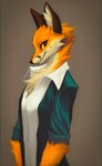 2023 anthro brown_background brown_body brown_fur canid canine chest_tuft clothed clothing digital_media_(artwork) falvie fox fur hi_res inner_ear_fluff looking_at_viewer mammal orange_body orange_fur shirt simple_background smile solo the_fox_(falvie) topwear tuft yellow_sclera